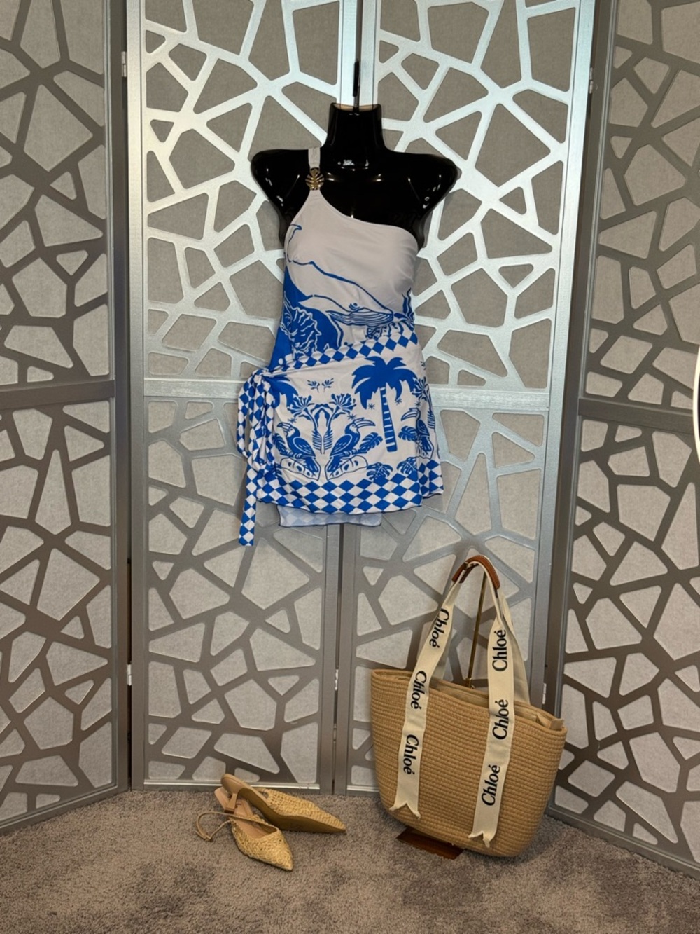 New Arrivals! One-Shoulder Blue & White Tropical Print Bathing Suit & Coverup